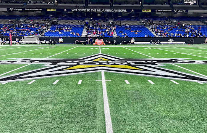Seats at the Alamodome in San Antonio steadily fill in during warmups in San Antonio on Saturday.